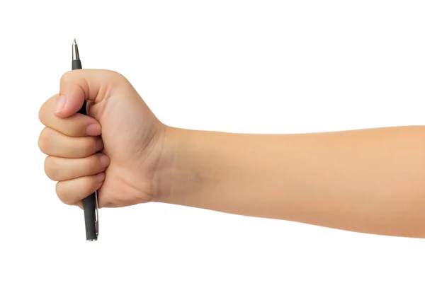 人的手伸出一只手 拿着黑色圆珠笔手势在白色背景上隔离 剪裁路径 高分辨率和低对比度 用于修饰或平面设计 — 图库照片