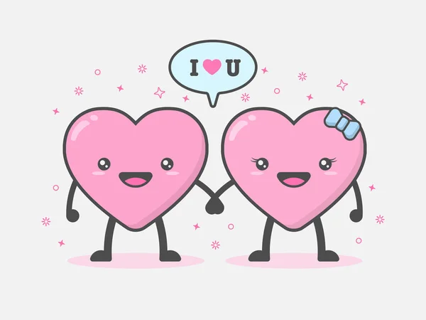 插画的可爱和可爱的夫妇心脏吉祥物字符牵手在感觉快乐和微笑与 我爱你 爱情和情人节概念 — 图库矢量图片