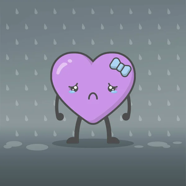 Ilustração Bonitinho Kawaii Personagem Mascote Coração Chorando Chuva Sentindo Triste — Vetor de Stock