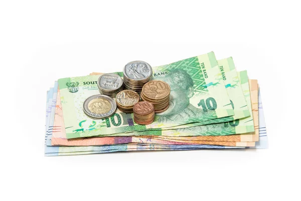 Moneda Billetes Monedas Sudafricanos Sobre Fondo Blanco — Foto de Stock