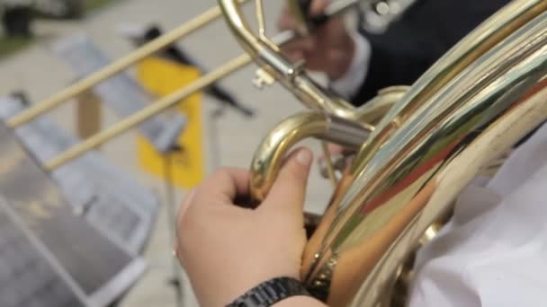 Straatmuzikanten spelen de trompet — Stockvideo
