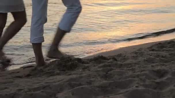 Un chico y una chica están caminando por la playa al atardecer. — Vídeos de Stock