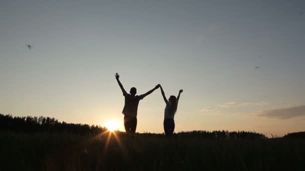 Verliefde paar bij zonsondergang op het gebied — Stockvideo