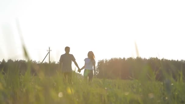 Liefdevolle vriend en meisje knuffelen op het gras — Stockvideo