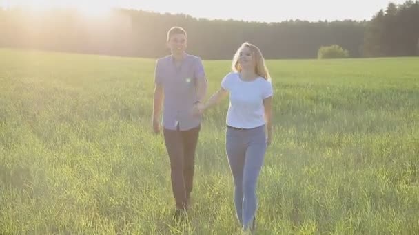 Un chico y una chica están caminando sobre la hierba, tomados de la mano — Vídeos de Stock