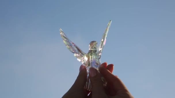 Vogel van glas in de handen van een meisje — Stockvideo