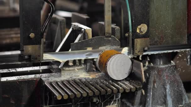 Przemysłowy proces obróbki metalu, polegający na wycinaniu detali za pomocą mechanicznej piły elektrycznej. — Wideo stockowe