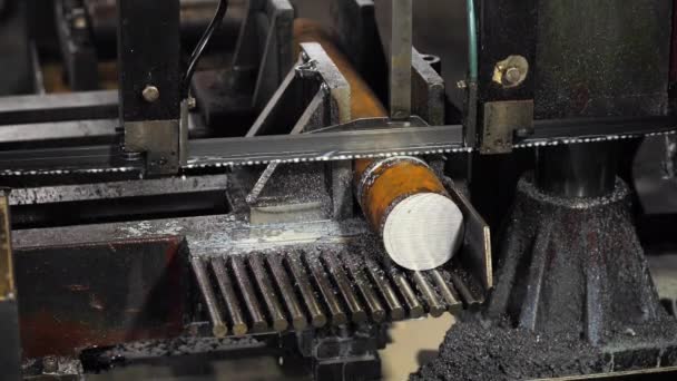 Scie à ruban contour dans l'atelier. Machine de scie à ruban coupant le métal, émulsion de refroidissement est versée sur la scie . — Video