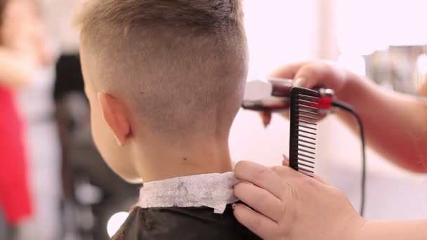 Дівчина перукар ріже волосся машиною і гребінець робить зачіску для хлопчика . — стокове відео