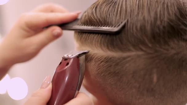 The girl the hairdresser cuts the hair with a machine and a comb does the hairstyle to the boy. — Stock Footage The girl the hairdresser cuts the hair with a machine and a comb does the hairstyle to the boy. Royalty Free Stock Video