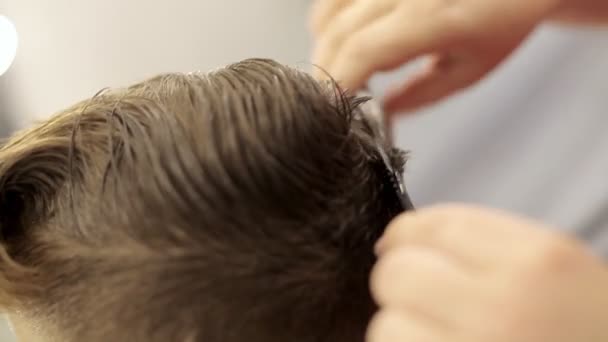 Het meisje de kapper knipt haar met een schaar en een kam doet een haarjurk aan de jongen. Kapster die zich bezighoudt met kapsel styling jongen. Plaats van het werk kapper. Dit kind heeft een nieuw kapsel. — Stockvideo