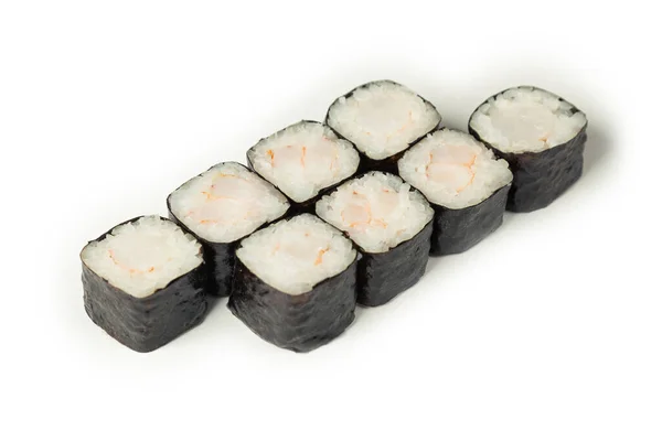 Hoso with shrimp on a white plate classic Japanese sushi. Sushi roll with nori, rice and shrimp. Traditional Japanese food with maki Delicious pieces of sushi For restaurant menu Place for inscription — Stock Photo, Image