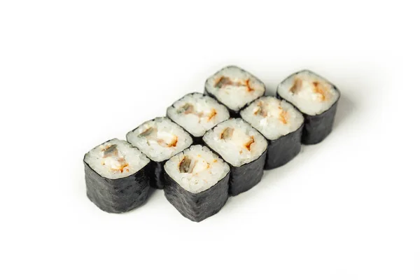 Σούσι Ρολό Χέλι Λευκό Πιάτο Κλασικό Ιαπωνικό Σούσι Παραδοσιακό Ιαπωνικό — Φωτογραφία Αρχείου