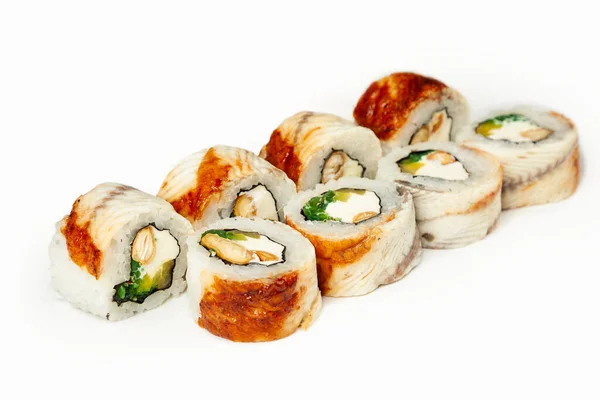 Rollo Sushi Con Ensalada Anguila Chuka Plato Blanco Sushi Japonés —  Fotos de Stock