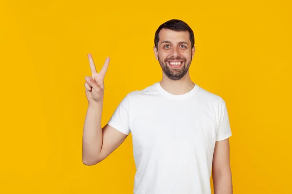 Modern Young Man Beard White Tank Top Shows Number Two — Stock Photo, Image