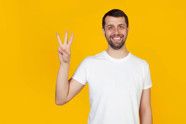 Modern Young Man Beard White Shirt Showing Fingers Number Three — Stock Photo, Image