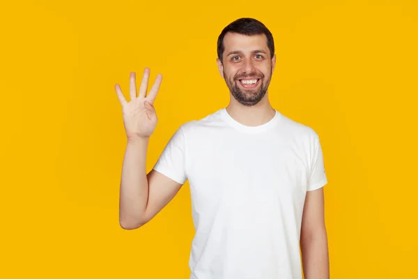 Modern Young Man Beard White Tank Top Shows Number Four — Stock Photo, Image