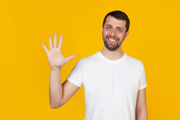 Modern Young Man Beard White Tank Top Shows Number Five — Stock Photo, Image