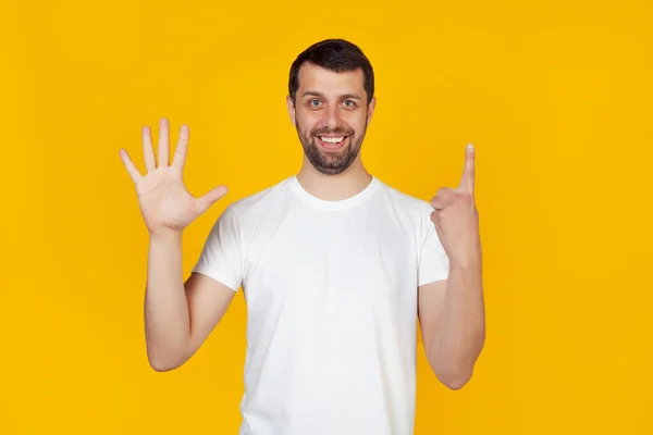 Modern Young Man Beard White Tank Top Shows Number Six — Stock Photo, Image