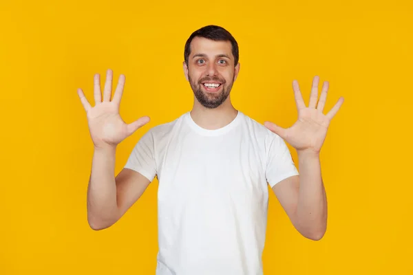 Modern Young Man Beard White Tank Top Shows Number Nine — Stock Photo, Image