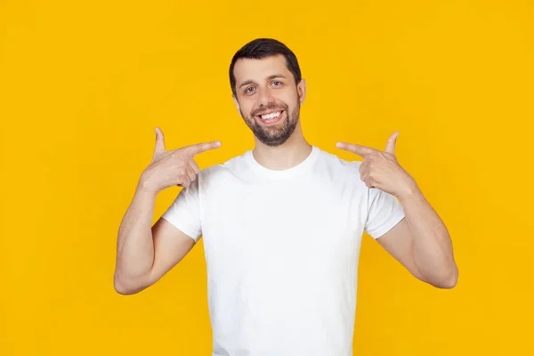 Young Man Beard White Shirt Happy Face Smiling Confidently Showing — Stock Photo, Image