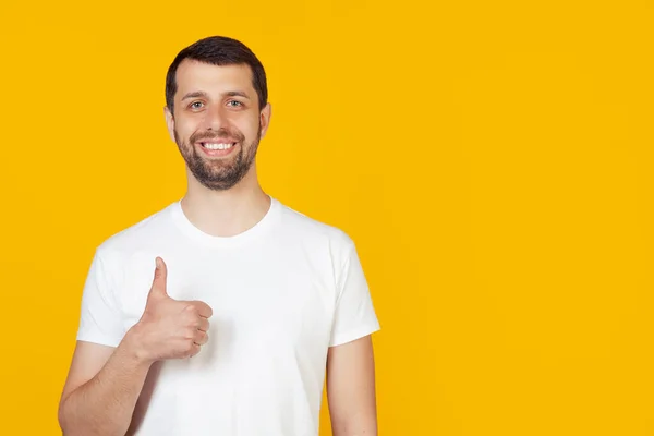 Young Man Beard White Shirt Making Happy Hand Gesture Confirming — Stock Photo, Image
