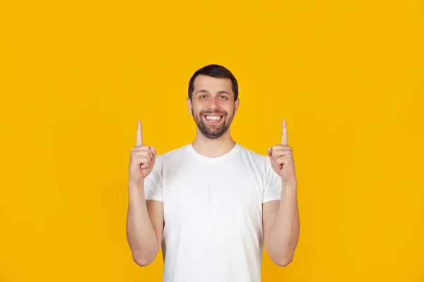 Young Man Beard White Shirt Smiling Happily Looking Camera Pointing — Stock Photo, Image