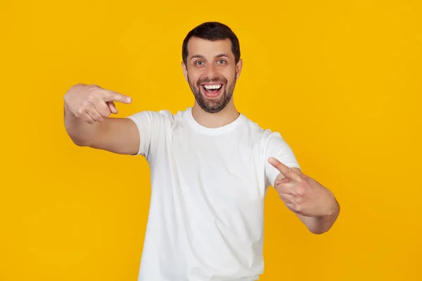 Young Man Beard White Shirt Pointing His Fingers Camera Happy — Stock Photo, Image