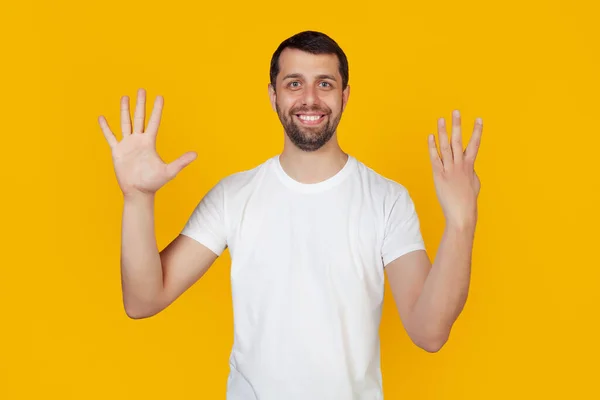 Modern Young Man Beard White Tank Top Shows Number Nine — Stock Photo, Image