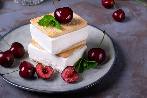 Ice cream sandwich topped with cherry and mint served on the ceramic plate