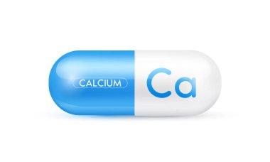 Kalsiyum mineral kapsülü mavi 3D beyaz arka planda izole edilmiş. Vücut için gerekli olan besinler beyin ve kemiğin korunmasına yardımcı olur. Beslenme takviyesi konsepti. Vektör EPS10 illüstrasyonu.