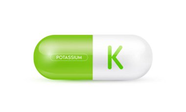 Potasyum mineral kapsülü yeşil 3D beyaz arka planda izole edildi. Vücut için gerekli olan besinler beyin ve kemiğin korunmasına yardımcı olur. Beslenme takviyesi konsepti. Vektör EPS10 illüstrasyonu.