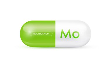 Molybdenum mineral kapsülü yeşil 3D beyaz arka planda izole edildi. Vücut için gerekli olan besinler beyin ve kemiğin korunmasına yardımcı olur. Beslenme takviyesi konsepti. Vektör EPS10 illüstrasyonu.