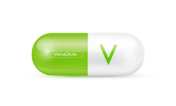 Vanadium Mineralen Capsule Groen Geïsoleerd Witte Achtergrond Voedingsstoffen Die Nodig — Stockvector