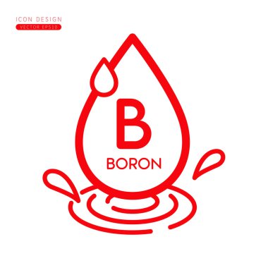 Mineraller boron ikonu kırmızısı. Su damlaları sıçrıyor ve beyaz arka planda izole dalgalar var. Reklam medyasında kullanım sembolü. Tıbbi güzellik ürünleri tasarlamak için basit bir sıra oluşturun. Vektör.