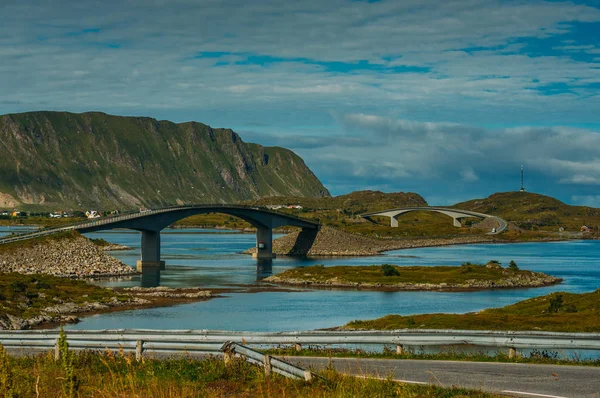 Fredvang Çevre Ramberg Lofoten Adaları Norveç Iki Köprü — Stok fotoğraf