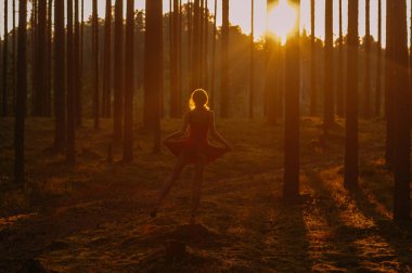 Tek ayak üstünde akşam ormanda güdük üzerinde kalan kırmızı elbiseli Genç kız