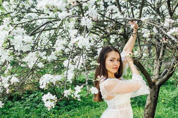 Çiçeği Elma Bahçesinde Beyaz Elbiseli Genç Kız Portresi — Stok fotoğraf