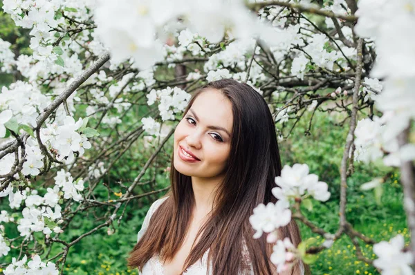 Portrait Smiling Young Girl White Dress Blossom Apple Garden — Stock Photo, Image