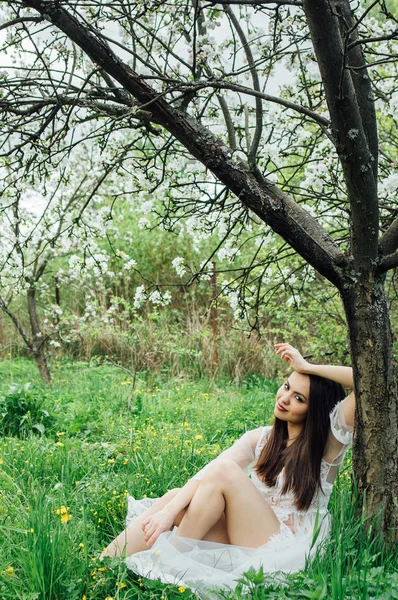リンゴ園 ツリーの下に草の上に座っての白いドレスで笑顔の少女の肖像画 — ストック写真
