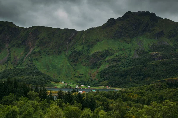Прекрасний Вид Селище Гори Прибуття Островів Норвегії — стокове фото
