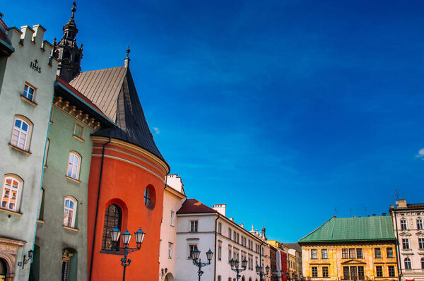 Beautiful houses on Krakow small market square, Poland