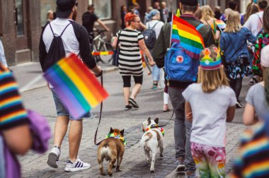 Helsinki, Finlandiya - 30 Haziran 2018: Helsinki sokakta köpek katılımcılarıyla Festivali gurur duyuyoruz
