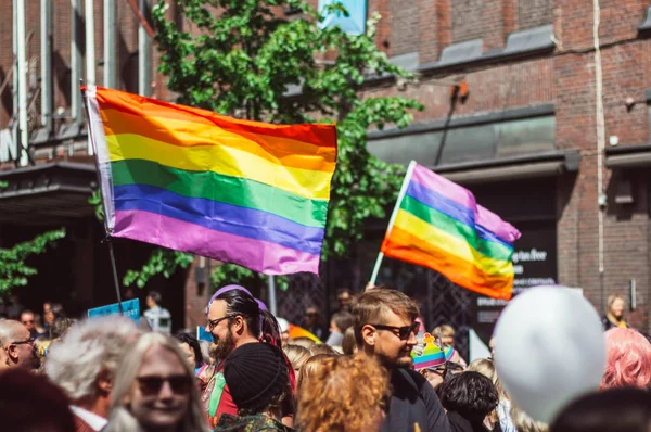 Helsingfors Finland Juni 2018 Deltagaren Med Regnbågsflaggan Gatan Helsingfors Pride — Stockfoto