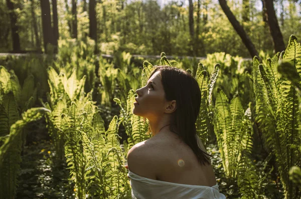 Mooie brunette meisje poseren in fern — Stockfoto