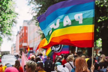 Helsinki Pride festivalinde sokakta gökkuşağı bayrağı olan insanlar