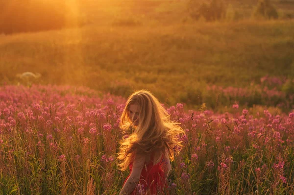 Dançando e pulando menina em vestido vermelho entre florescendo Sally campo — Fotografia de Stock