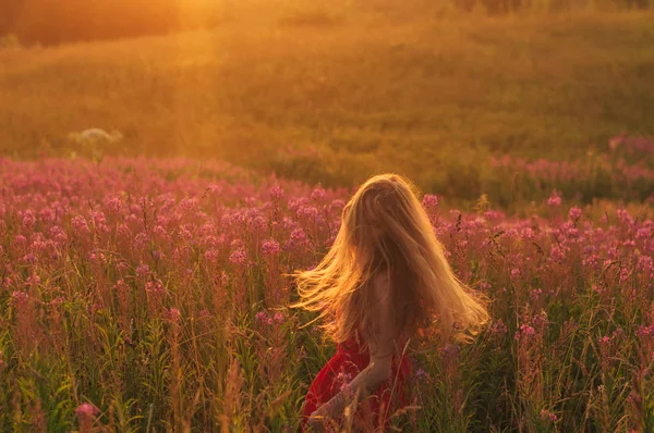 Dançando e pulando menina em vestido vermelho entre florescendo Sally campo — Fotografia de Stock