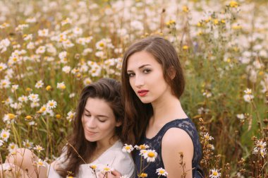 Güneşli bir günde koyu mavi ve beyaz elbiseli iki kız papatya tarlasında doğa üzerine oturuyor.