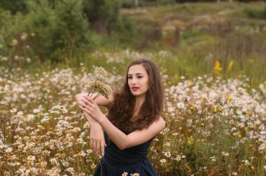 Yazın papatya tarlasında elinde çiçek buketi tutan güzel bir kız.